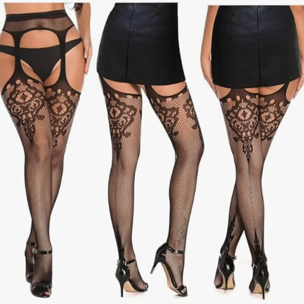 Black Fishnet High-Waist Stocking Tights - Picture 1 of 3